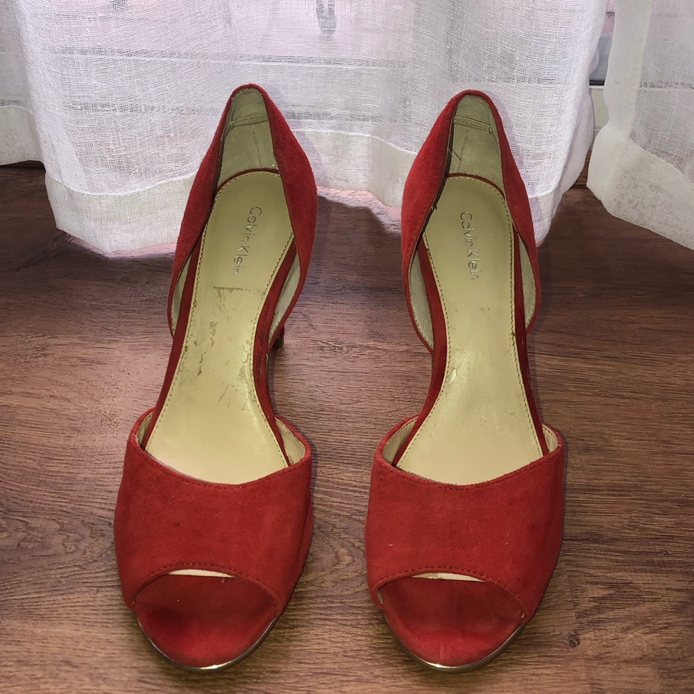Calvin Klein peep toe suede heels